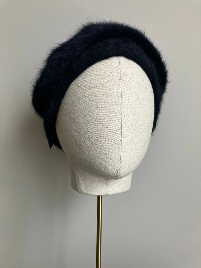 Navy Mohair Beret with Tweed and Crystal Bow Jane Taylor London