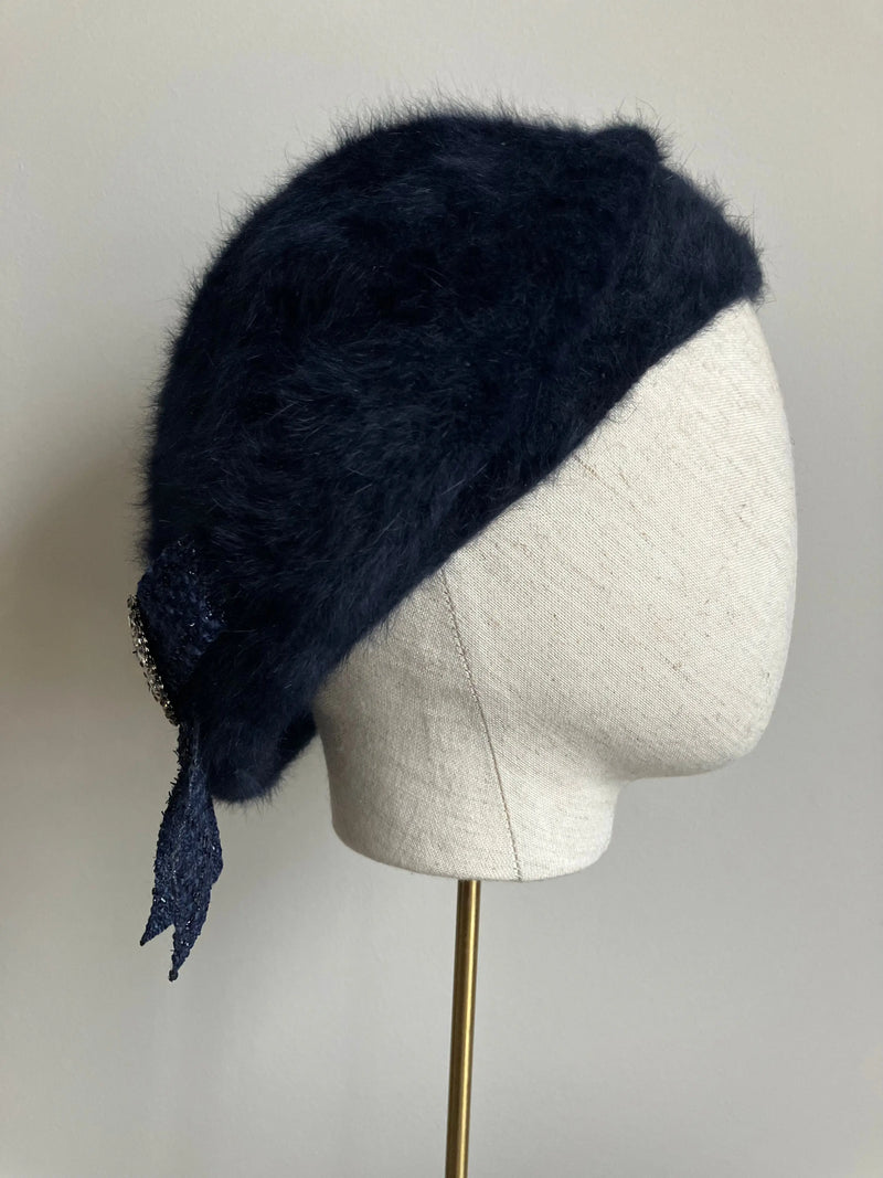 Navy Mohair Beret with Tweed and Crystal Bow Jane Taylor London